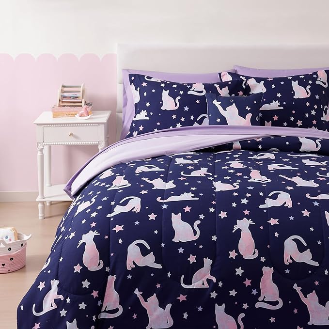 Full Size Comforter Set for Girls-7 Pieces Cute Cat Full Bedding Sets for Kids, Ultra Soft Bed in A Bag with Sheets