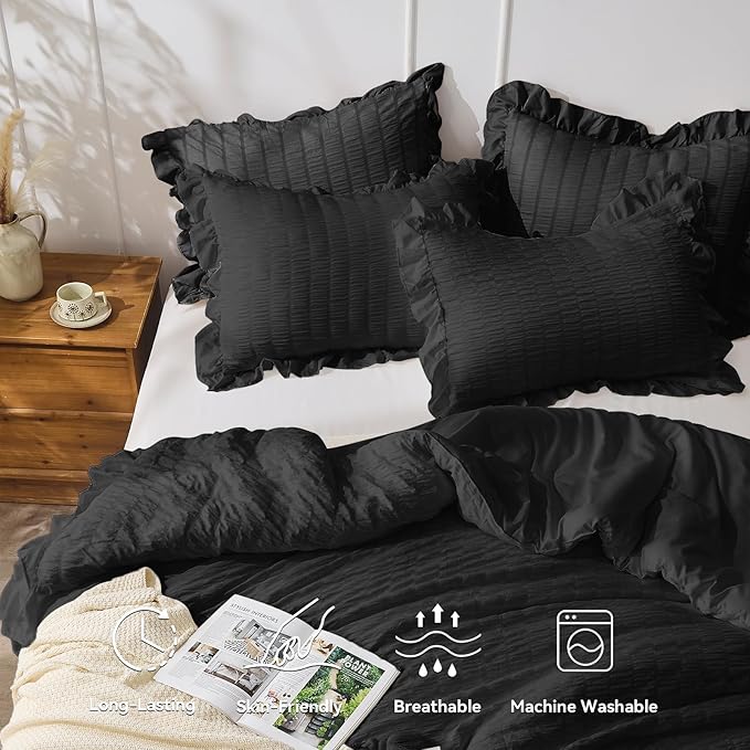 JOLLYVOGUE Black King Comforter Set, 3 Pieces Seersucker Comforters King Size, Lightweight & Fluffy Bedding Sets King for All Season with 1 Ruffle Comforter and 2 Ruffle Pillowshams