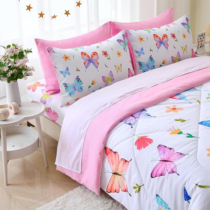 Wajade 7 Piece Butterfly Comforter Set for Girls Kids Cute Colorful Butterfly Flowers Floral Bedding Set Twin Size with Sheet and 2 Pillowcases 2 Pillow Shams Bed in a Bag as Birthday Choice
