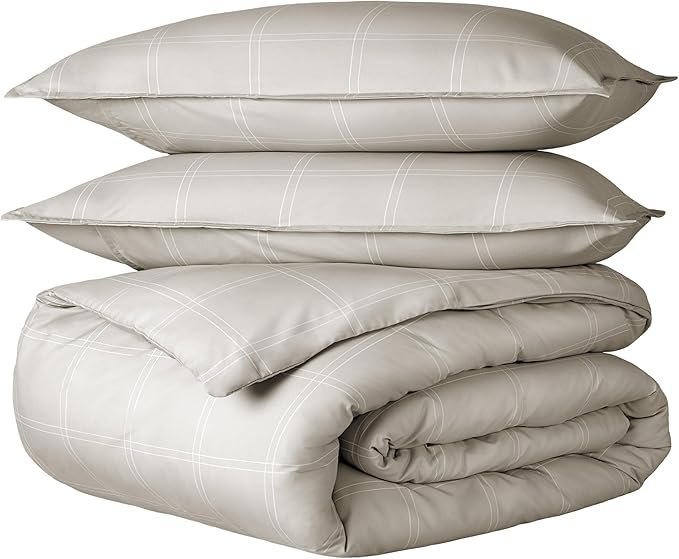 Bare Home Bedding Duvet Cover King Size - Premium 1800 Super Soft Collection - Lightweight, Cooling - Soft Breathable Bedding Duvet Cover (King, Modern Plaid - Stone/White)