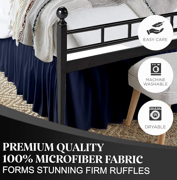 Ruffled Bed Skirt with Split Corners, Navy Blue, Full 16 Inch Drop Bedskirt, Hotel Quality Brushed Microfiber Wrinkle Free Dust Ruffle Bed Skirt Full Size