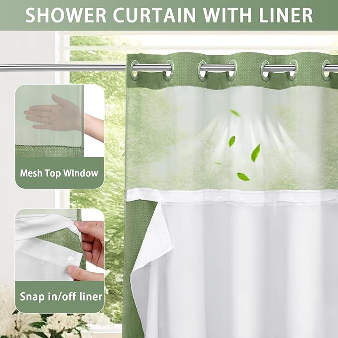 YellyHommy No Hook Shower Curtain with Snap in Liner Set Less Time Sage Green Waffle Shower Curtain for Bathroom 75" L x 72" W