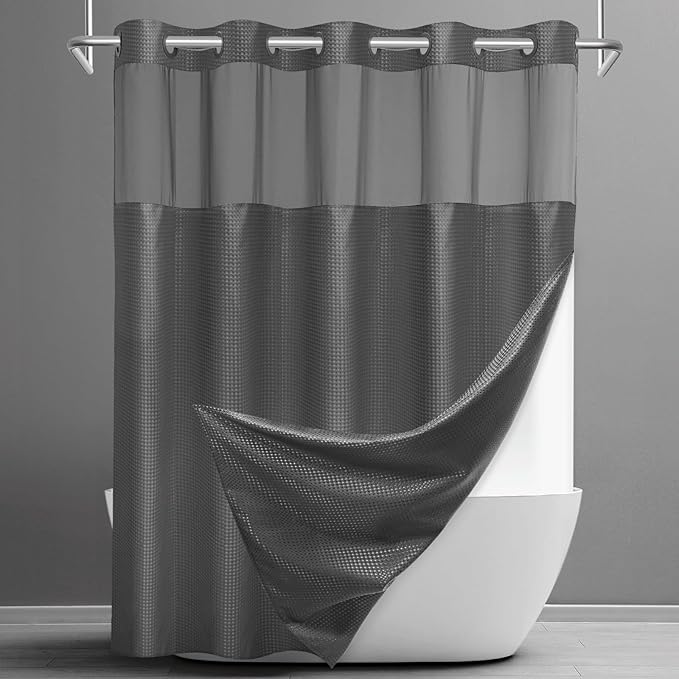 No Hook Shower Curtain with Snap in Liner Set Waffle Shower Curtain for Bathroom Hotel Style Fabric Waterproof Inner Liner，71" W x 80" H, Dark Grey