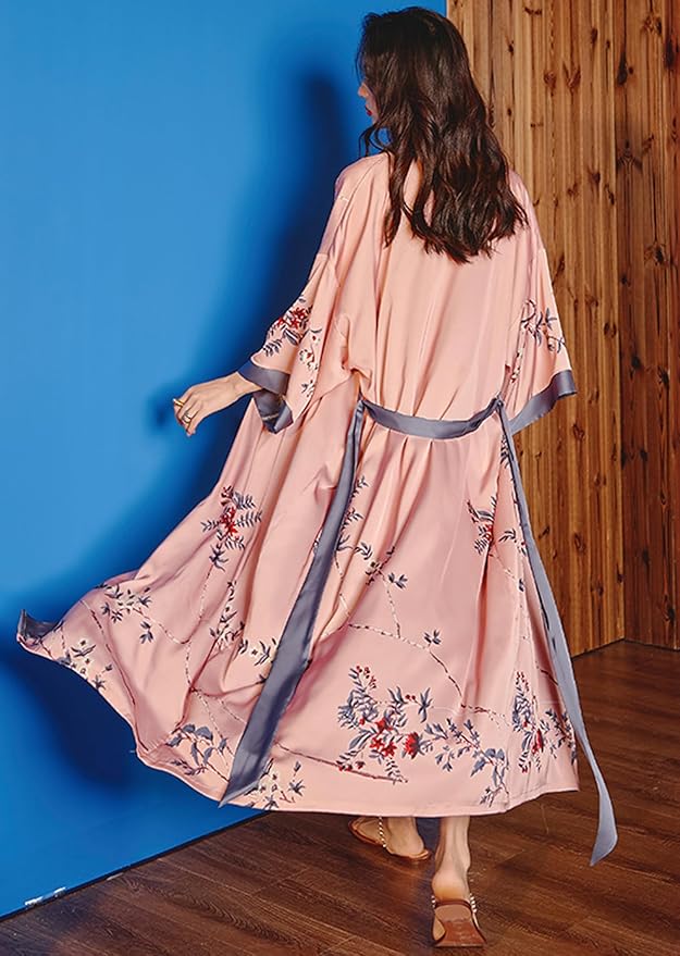 Silk Satin Robe for Women Long Japanese Kimono Robe Lightweight Soft Bathrobe Floral Luxury Dressing Gown