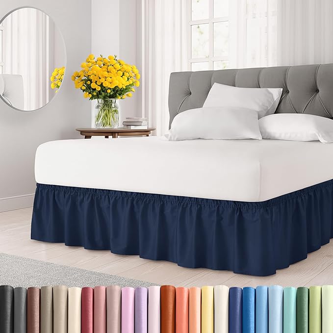 Wrap Around Dust Ruffle Bed Skirt - Navy Blue - for Full Size Beds with 15 Inch Drop - Elastic Strap - Adjustable Pleated Bedskirt with Brushed Fabric and Wrinkle Free - for Women, Men, Kids & Teens