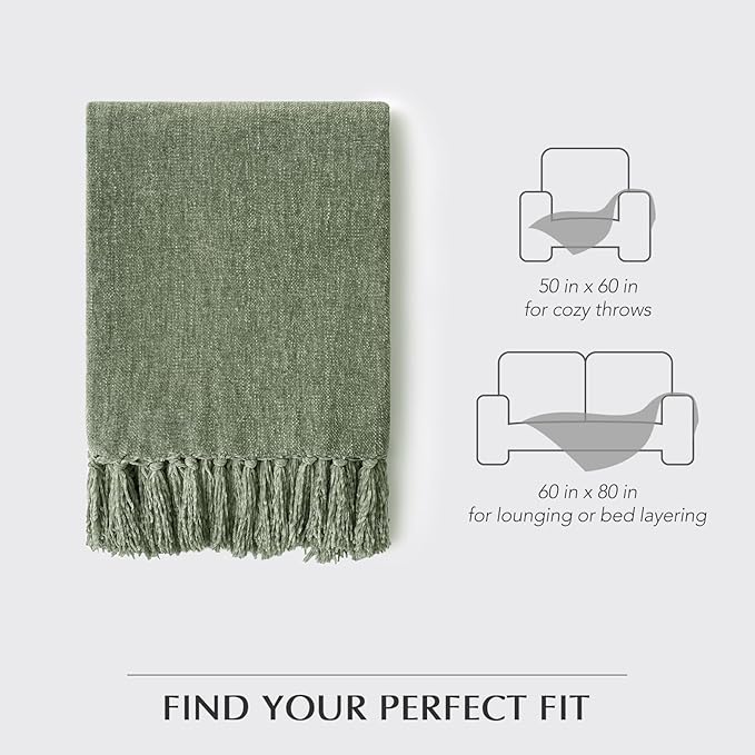 EVERGRACE Soft Chenille Throw Blanket for Couch, Cozy Plush Fuzzy Decorative Chenille Knit Throw Blanket with Tassels, Lightweight Blanket and Throws for Bed Sofa Gift Home Decor, Sage Green 50"x60"