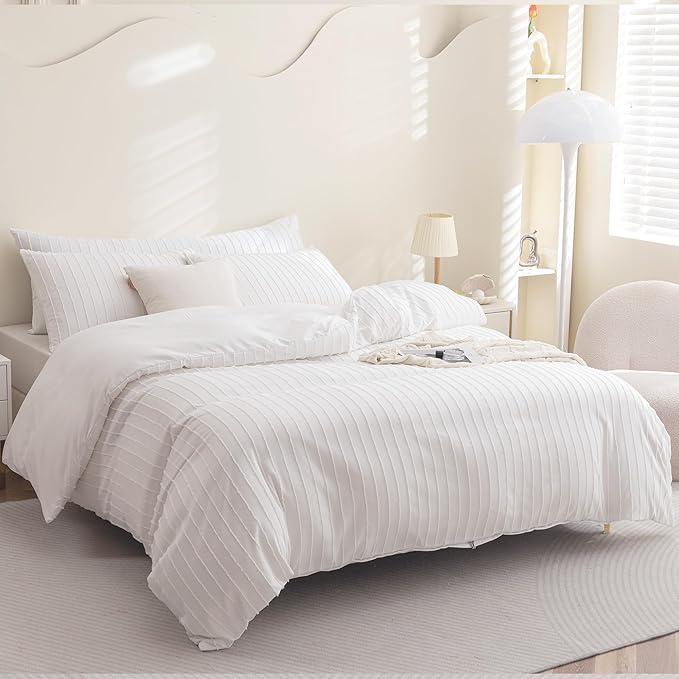 JELLYMONI Bright White Duvet Cover Full Size - 3PCS Microfiber Tufted Duvet Cover Set, Boho Striped Tufted Textured Duvet Cover with Corner Ties & Zipper Closure