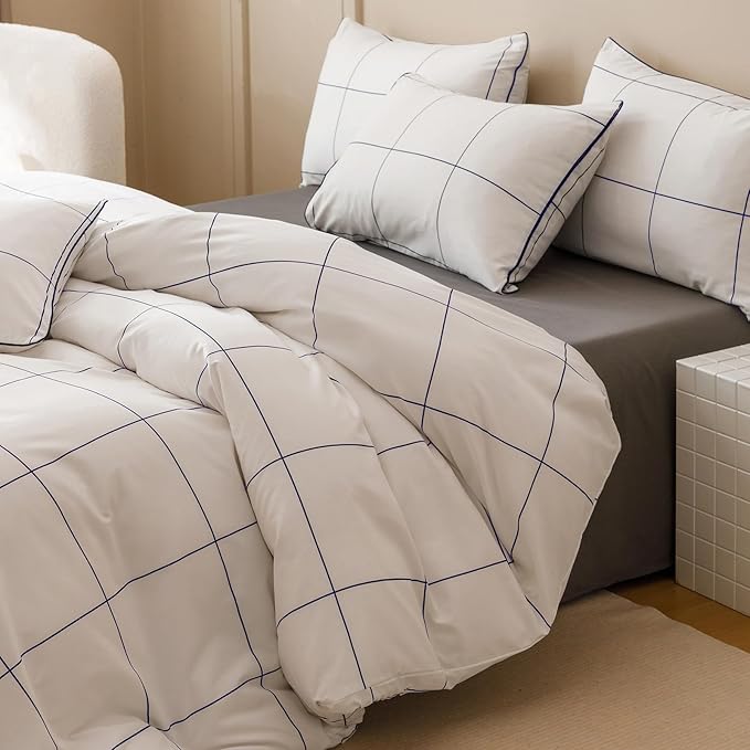 KAREVER White Grid Comforter Cal King Women White with Navy Blue Square Lines Checkered Bedding Set California King White Plaid Comforter Cal King Size