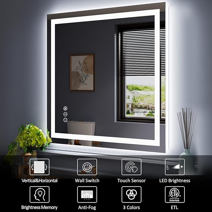 Amorho LED Mirror for Bathroom 40"X38" with Front Light and Backlit, Stepless Dimmable, Anti-Fog, Shatter-Proof, Memory, 3 Colors, Wall Mount (Horizontal/Vertical)