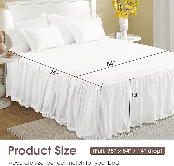 Full Size 14" Drop - White Lightweight Cotton Bed Skirt with Crochet Edge - Dust Ruffle with Split Corner - Soft, Elegant, Breathable Bedding Accessory