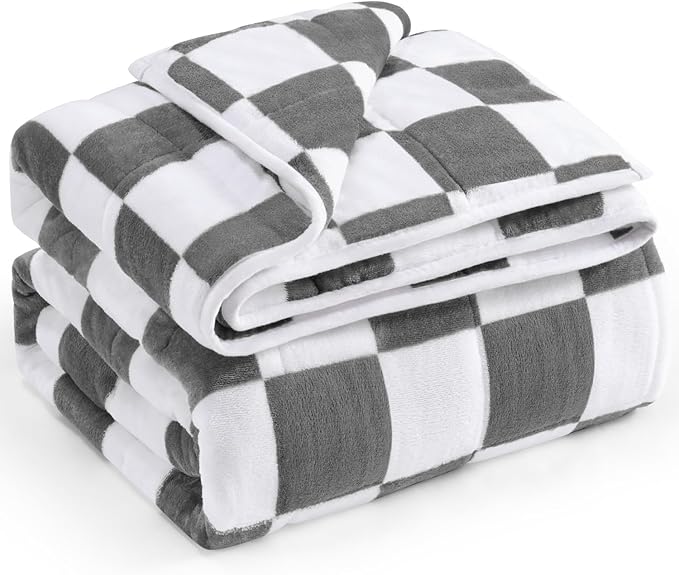 Wemore Flannel Fleece Weighted Blanket for Adult Queen Size 15 lbs, Dual Sided Luxurious Checkerboard Grid Heavy Blankets, Ultra Soft Throw Blanket, Plaid Grey, 60 x 80 inches