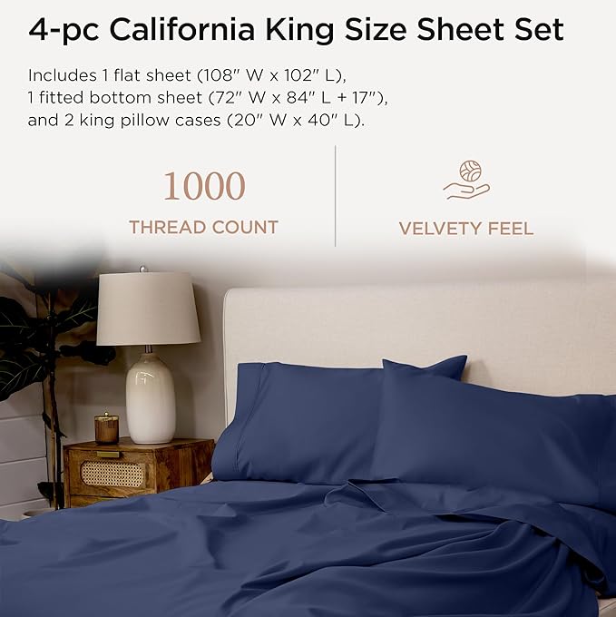 Threadmill California King Sheets, Certified American Supima Cotton Sheet, 1000 Thread Count Hotel Quality Sheets, 4 Piece Luxury Bed Sheets Set with Elasticized Extra Deep Pocket, Folkstone Blue