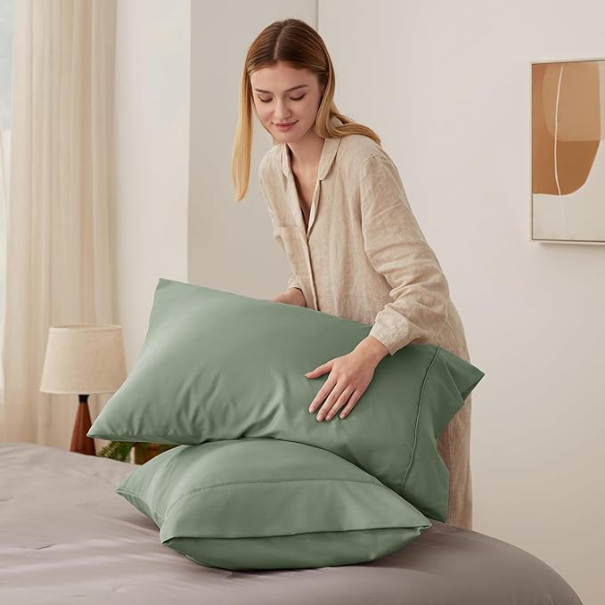 Bedsure King Size Pillow Cases Set of 2 - Sage Green Brushed Microfiber Pillowcases 2 Pack, Super Soft Pillow Case Cover with Envelope Closure, Wrinkle, Fade and Stain Resistant, 20x36 Inches