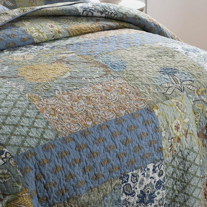 Cotton Bedspread Quilt Bedding Sets 3 Pieces Reversible Coverlet Sets Comforters Rustic Paisley Floral Patchwork Sage Green Bedspread, King Size
