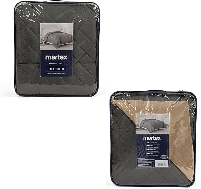 Martex Reversible Coverlet – Full Queen Size Quilt - Lightweight Full Size Bedding– Durable Queen Size Quilts for Bed – Soft - Easy Care Bedding – Graphite/Khaki