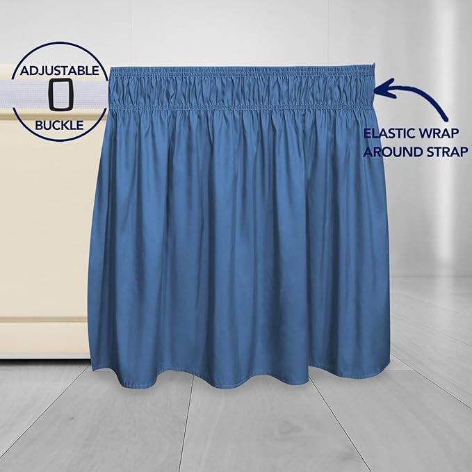 PureFit Wrap Around Ruffled Bed Skirt with Adjustable Elastic Belt - 14 Inch Drop Easy to Put On, Wrinkle Free Bedskirt Dust Ruffles, Bed Frame Cover for Queen, King and C-King Size Beds, Navy