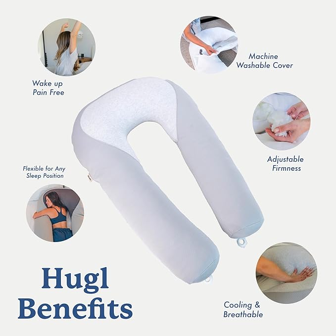 Plufl Hugl Cooling Body Pillow for Adults Made with Memory Foam | U Shaped Maternity Pillows Great for Side Sleepers & Pregnant Women | Washable Cover | Grey
