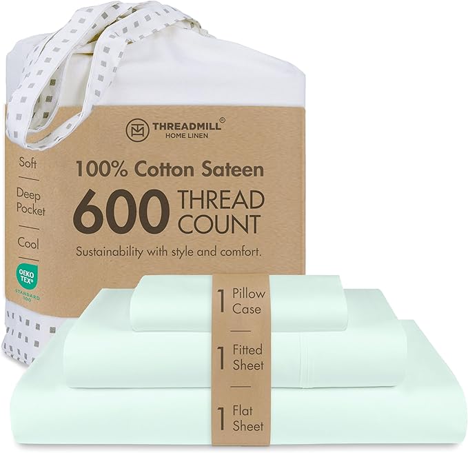 Threadmill Sheets for Twin Mattress | 600 Thread Count Twin Bed Sheets Set with 15” Deep Pocket | Sateen Weave 3-Piece Bedding Set with Cooling Effect | Seaglass