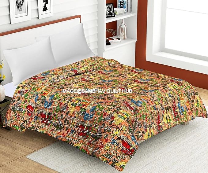 Floral Printed Cotton Quilted Blanket Indian Handmade Bedspread Kantha Work Bohemian Bed Decor Throw Blanket Twin/King/Queen (60X90 inches)