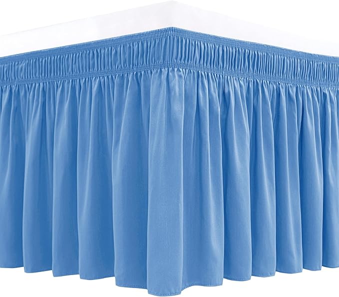 Biscaynebay Wrap Around Bed Skirts for Twin & Twin XL Beds 15" Drop, Denim Blue Elastic Dust Ruffles with Adjustable Belts Silky Luxrious Fabric Machine Washable