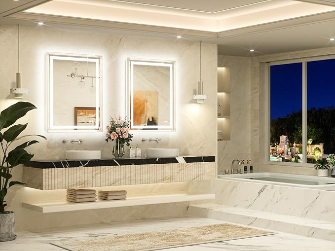 TETOTE 28 x 36 Bathroom LED Mirror Brushed Nickel Metal Frame Frontlit & Backlit Vanity Anti-Fog Stepless Dimmable 3 Colors White/Warm/Natural Mirror with Lights Wall-Mounted