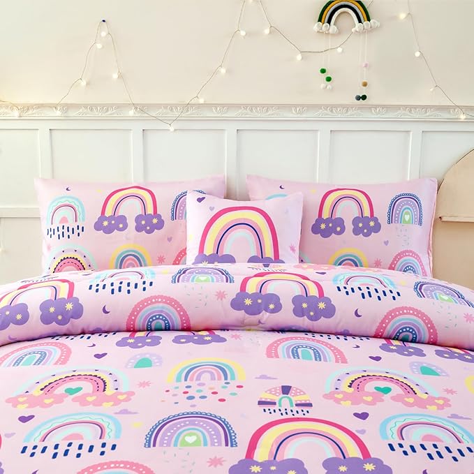 ANGIYUIN 6Pcs Girls Rainbow Comforter Set Queen Size Cute Clouds Kids Bedding Set Love Hearts and Stars Kid Bed Set for Girl Soft Lightweight Bed in A Bag with Sheets, Pink, Queen