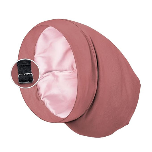 Satin Lined Sleep Cap Bonnet for Curly Hair and Braids, Stay On All Night Hair Wrap with Adjustable Strap for Women and Men, Grey Red, Pack of 1