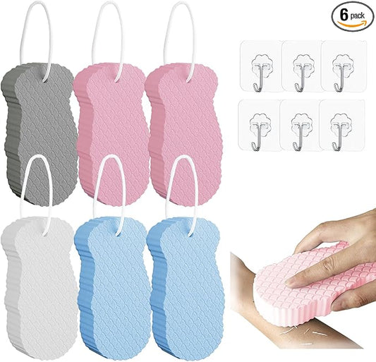 SODOI Shower Sponge 6-Pack 3D Ultra-Soft Exfoliating Bath Sponge Gentle on Skin Suitable for Adults Children and Pregnant Women Reusable (1 White + 1 Gray + 2 Blue + 2 Pink) + 6 Clear Hooks