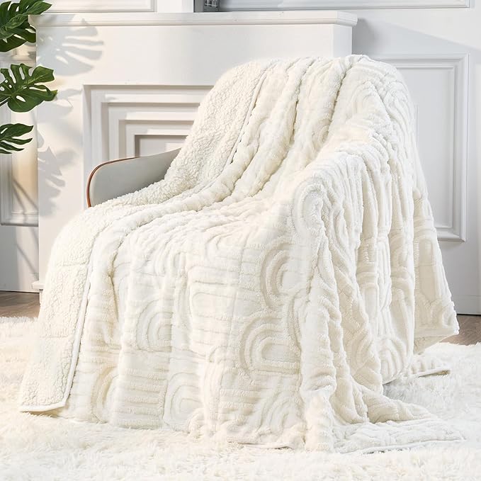 Sherpa Fleece Adult Weighted Blanket Great for Sleep, 15 lbs Dual Sided Soft Fuzzy Heavy Blankets for Couch Bed Sofa, Cozy Warm Arched Jacquard Throw for Winter (Cream White, 48" x 72", 15 Pounds)