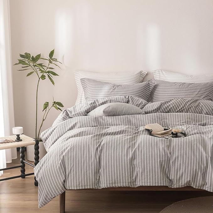 Stripe Duvet Cover Oversized King Size 120inch x 98inch, 100% Washed Cotton Linen Feel Duvet Cover with Zipper Closure and 2 Pillowcases, Color of Grey-White Stripe