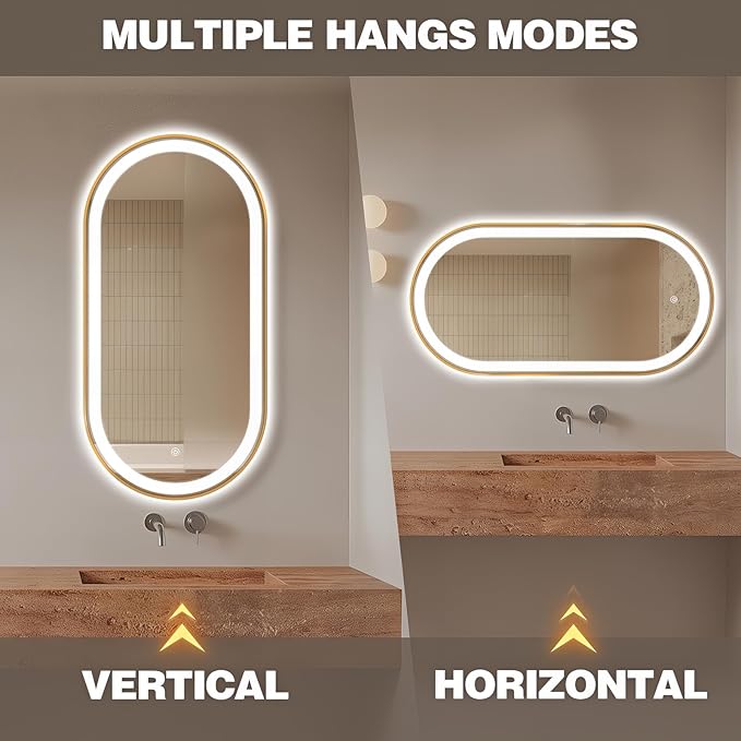 51" x 27" Oval LED Bathroom Mirror with Lights, Gold Metal Framed Anti-Fog LED Vanity Mirror, Lighted Bathroom Mirrors Wall Mounted, Stepless Dimmable, Shatter-Proof, Horizontal/Vertical