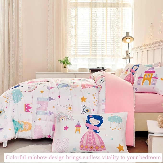 ANGIYUIN Princess Fairy Tales Bedding Set Queen Cartoon Rainbow Love Kids Bed in A Bag with Sheets Cute and Soft Bedding Comforter Set for All Season(Princess, Rainbow, Castel, White)