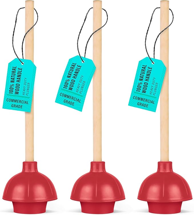 SteadMax Heavy Duty Double Layer Toilet Plunger, Commercial Grade, Double Thrust Force, Red Rubber Cup with Wood Handle (22", 3 Pack)