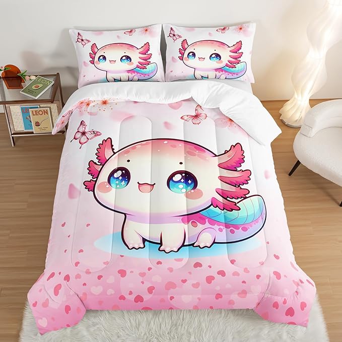 Cartoon Axolotl Comforter Kids Bedding Set,Cute Axolotl Flower Butterfly Bedding Queen Size for Toddler Girls Room Kawaii Decor,Pink Series Kids Comforter Sets with 2 Pillowcases.