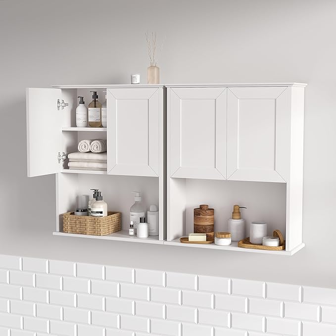 Bathroom Wall Cabinet Wooden with 2 Doors,Over the Toilet Storage Cabinet,Bathroom and Laundry Wall Mount Storage Medicine Cabinet with Open and Adjustable Shelf,Easy Assembly (Style A-2 PC, White)