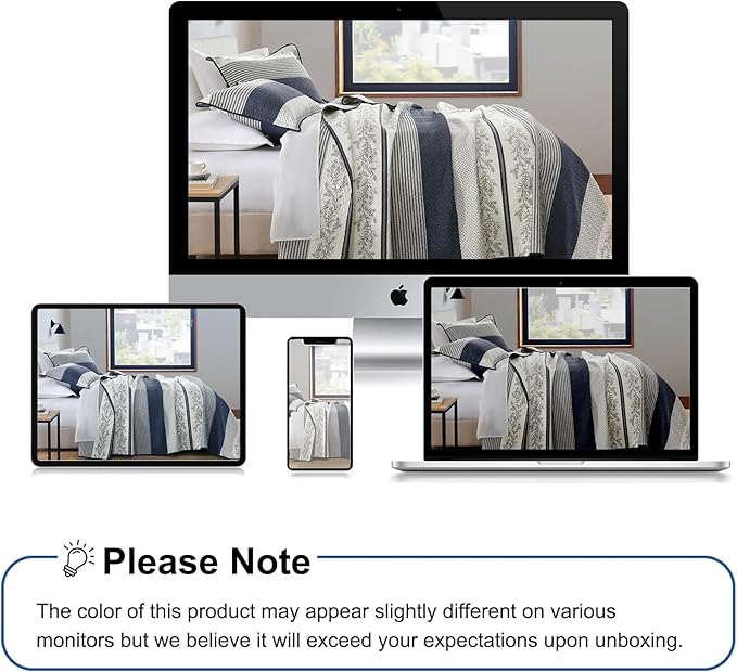 Stripe Queen Quilt Set - 100% Cotton Soft Lightweight 3 Pieces Bedding Set, Vintage Vine Pattern Quilted Bedspread with 2 Pillow Shams, Farmhouse Printed Coverlet for All Season, Navy/Gray