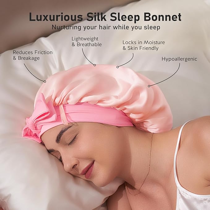 LitBear 100% Mulberry Silk Bonnet for Sleeping Women, 6A 22 Momme, Large Double-Layer Silk Hair Wrap with Tie Band