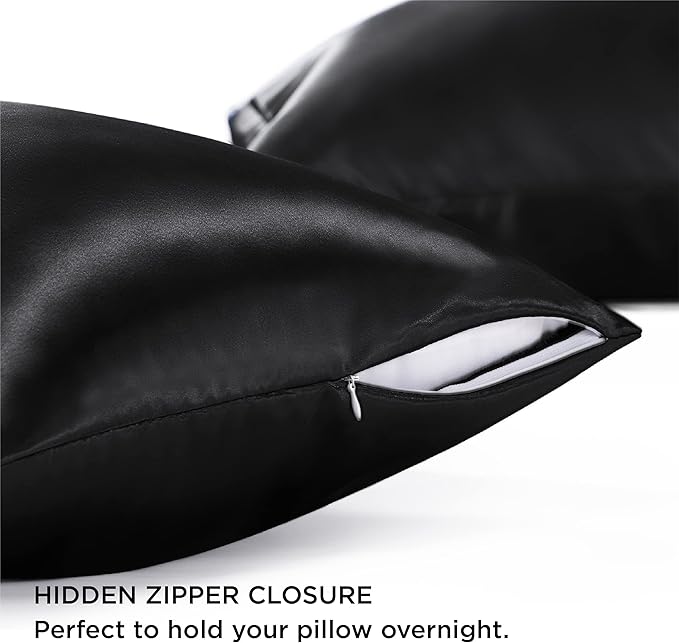 Bedsure Satin Pillowcase with Zipper, Similar to Silk Pillow Cases 2 Pack, Satin King Size Pillow Cases Set of 2, Silky & Soft Pillow Cover for Hair and Skin, Gifts for Women Men, Black, 20x36 Inches