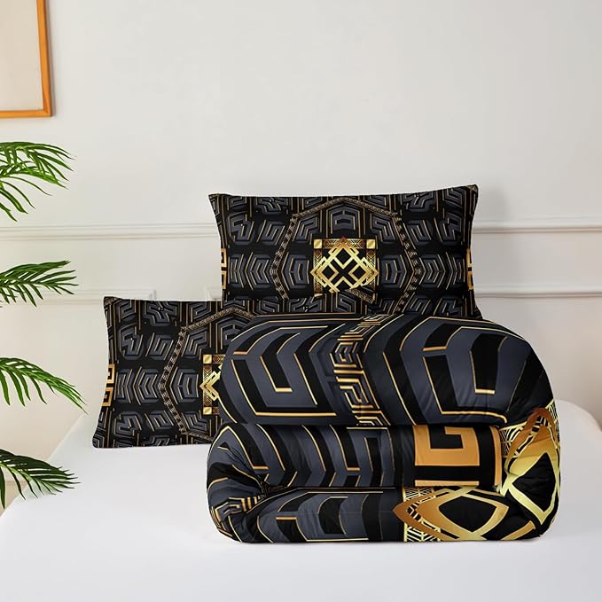 Black and Gold Plaid Comforter Set King，King Quilt Bedding Set Plaid，with 1 Comforter with 2 Pillow Case