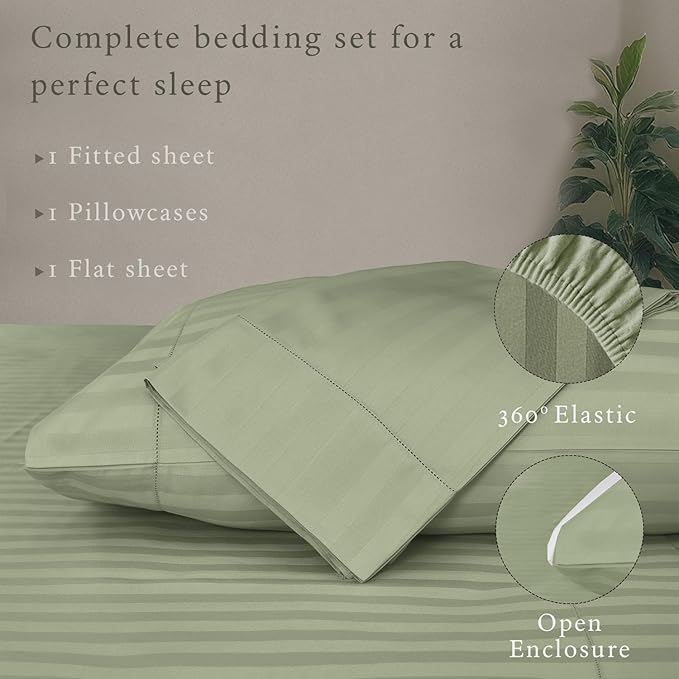Threadmill 500 Thread Count Twin-XL Size Damask Stripe, 3 Pc Luxury Cotton Sheet Set, Breathable Sage Green Sheets with 15" Elasticized Deep Pocket, 1 Pillowcase & Free Tote Bag
