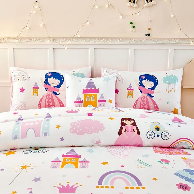 ANGIYUIN Princess Fairy Tales Twin Size Comforter Set for Girls Cartoon Rainbow Love Kids Bed in A Bag with Sheets Cute and Soft Bedding Set for All Season(Princess, Rainbow, Castel, White)