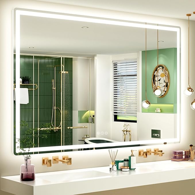 SMIROR LED Bathroom Mirror with Lights 60"x 40", Rounded Rectangle Lighted Vanity Mirror for Wall, Front Lit and Backlit, 3 Colors, Dimmable, Anti-Fog, Tempered Glass (Horizontally/Vertically)