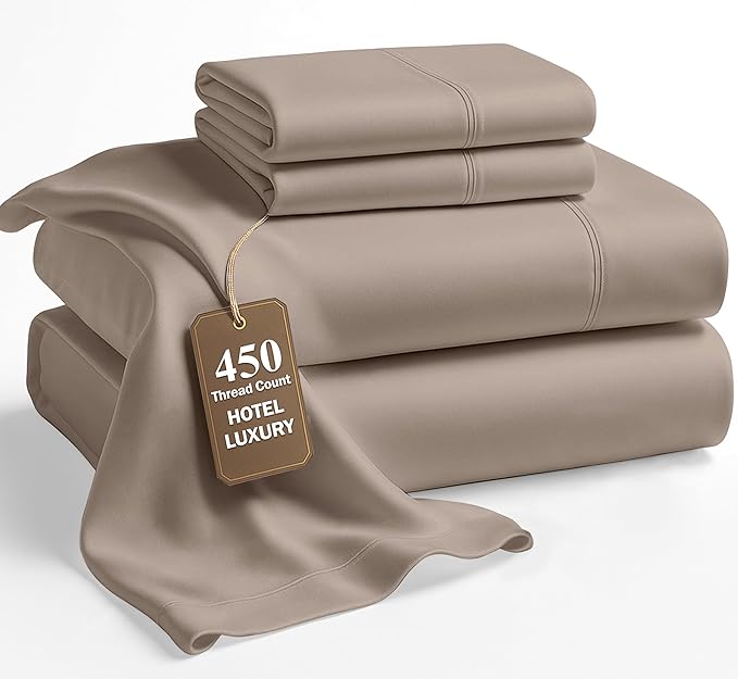 LANE LINEN Full Size Sheets Set – 450 Thread Count Soft & Breathable Cotton Sheets, 15” Deep Pocket Fully Elasticized Fitted Sheet, Machine Washable Hotel Bedding Sheets & Pillowcases, Taupe