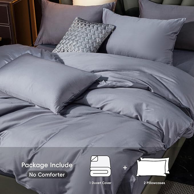 MooMee Duvet Cover Set 100% Extra Long Staple Cotton 600 Thread Count Silky Sateen Smooth Luxury Soft Breathable Durable Hotel Quality Bedding, 3 Pieces (Blueish Grey, King 104"x90")