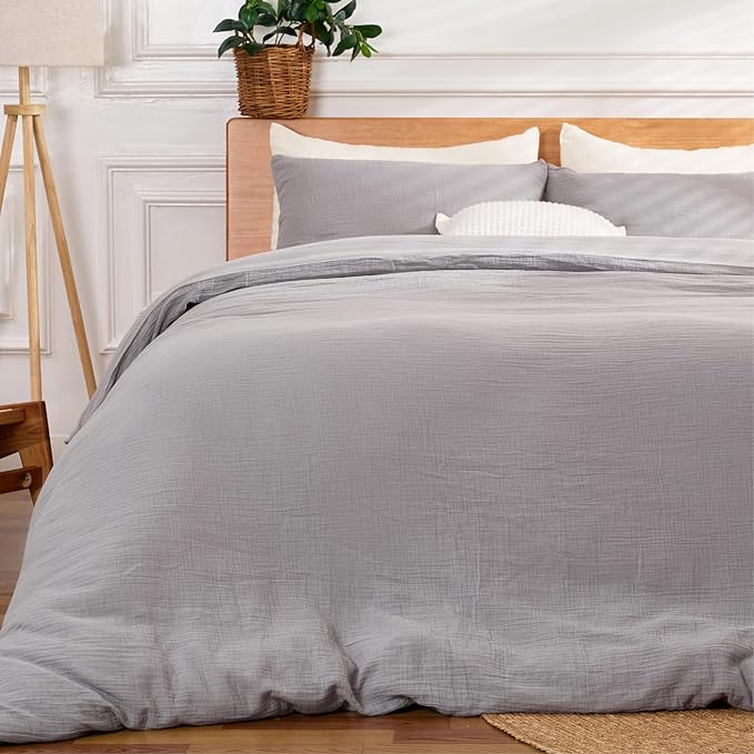 Gray Duvet Cover Queen Size, 100% Sandwashed Cotton Soft Queen Duvet Cover Set 3 Pieces with Zipper Clousre & Corner Buttons (Gray, Queen 90 x 90)
