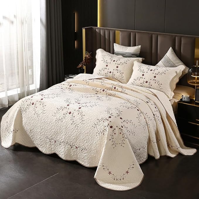 Quilt Set Floral Leaves 3D Embroidery Pattern 3 PCS Cotton Reversible Quilted Embroidered Decorative Bedspreads Coverlet Set, Lightweight &Soft Queen Size Beige Bedding Coverlet for All Season