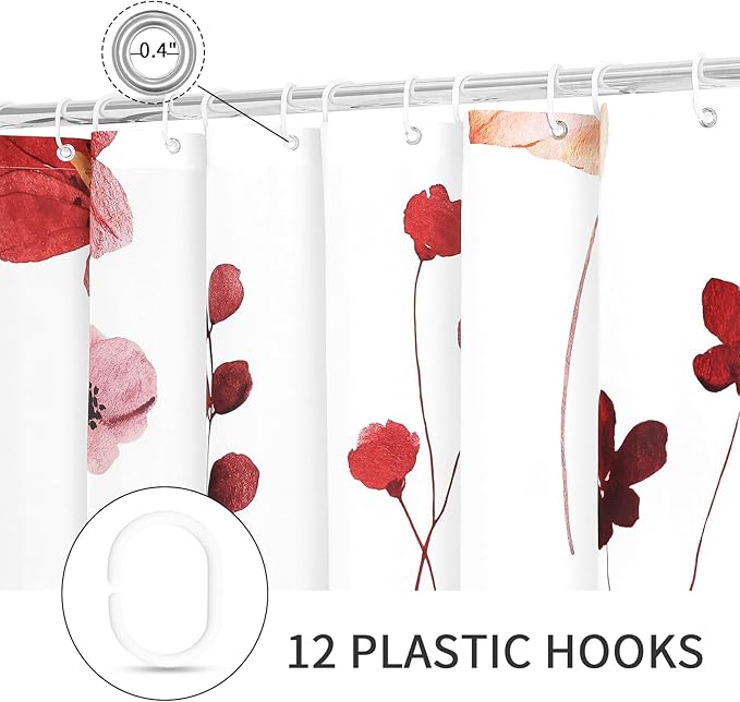 Gibelle Watercolor Floral Shower Curtain, Red Beige Flower Shower Curtain for Bathroom, Modern Minimalist Waterproof Fabric Shower Curtain Set with Hooks 72x72 Inch