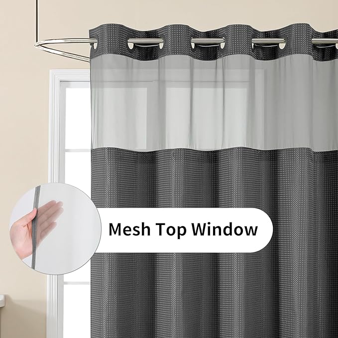 Colorful Star No Hook Waffle Shower Curtain with Snap in Fabric, Waterproof Shower Curtains with See Through Top Window, Small Stall Bathroom Curtain and Liner Set, 36'' x 75'', Charcoal Grey