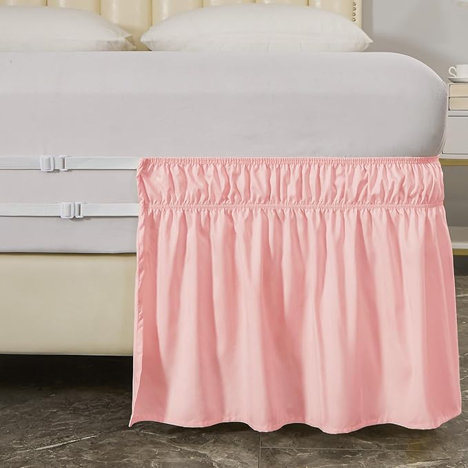 MEILA Wrap Around Bed Skirt Three Fabric Sides Elastic Dust Ruffled 18 Inch Tailored Drop,Easy to Install Fade Resistant-Pink, Queen/King