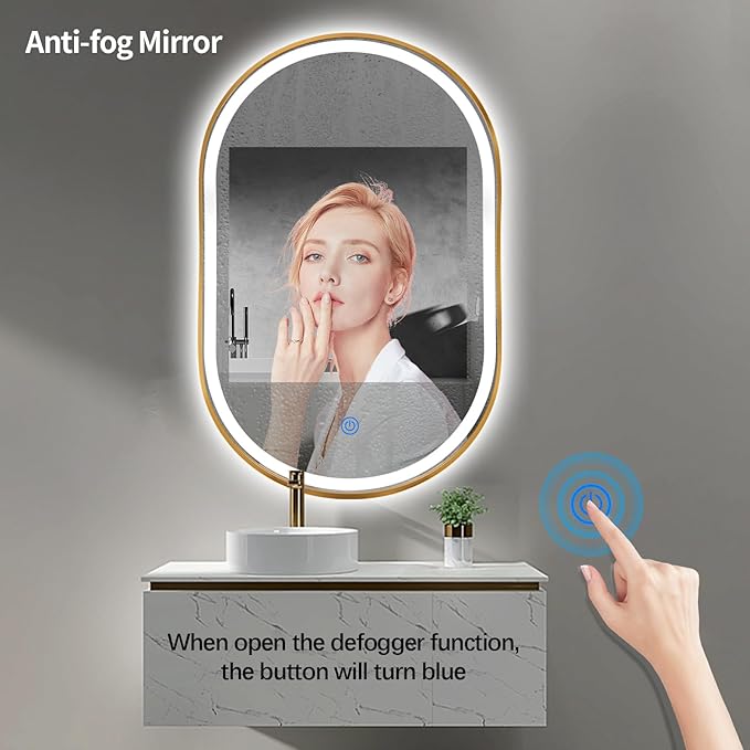 Oval LED Bathroom Mirror, 32"x20" Lighted Wall Mounted Vanity Mirror with Metal Frame, Anti-Fog IP66 Waterproof Smart Mirror, Memory Function, (Horizontal or Vertical), Gold